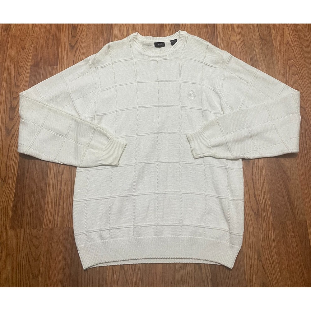 Izod Sweater Mens Large Grid Knit Ivory Crewneck